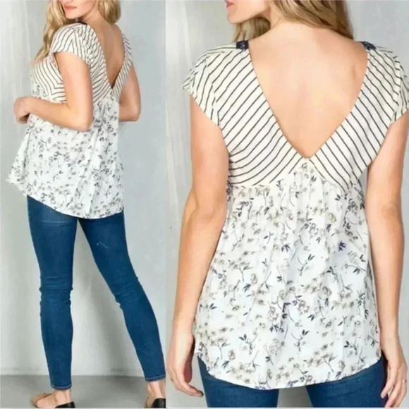 Stripe and Floral Pattern Short Sleeve Top BOUTIQU - Picture 2 of 2